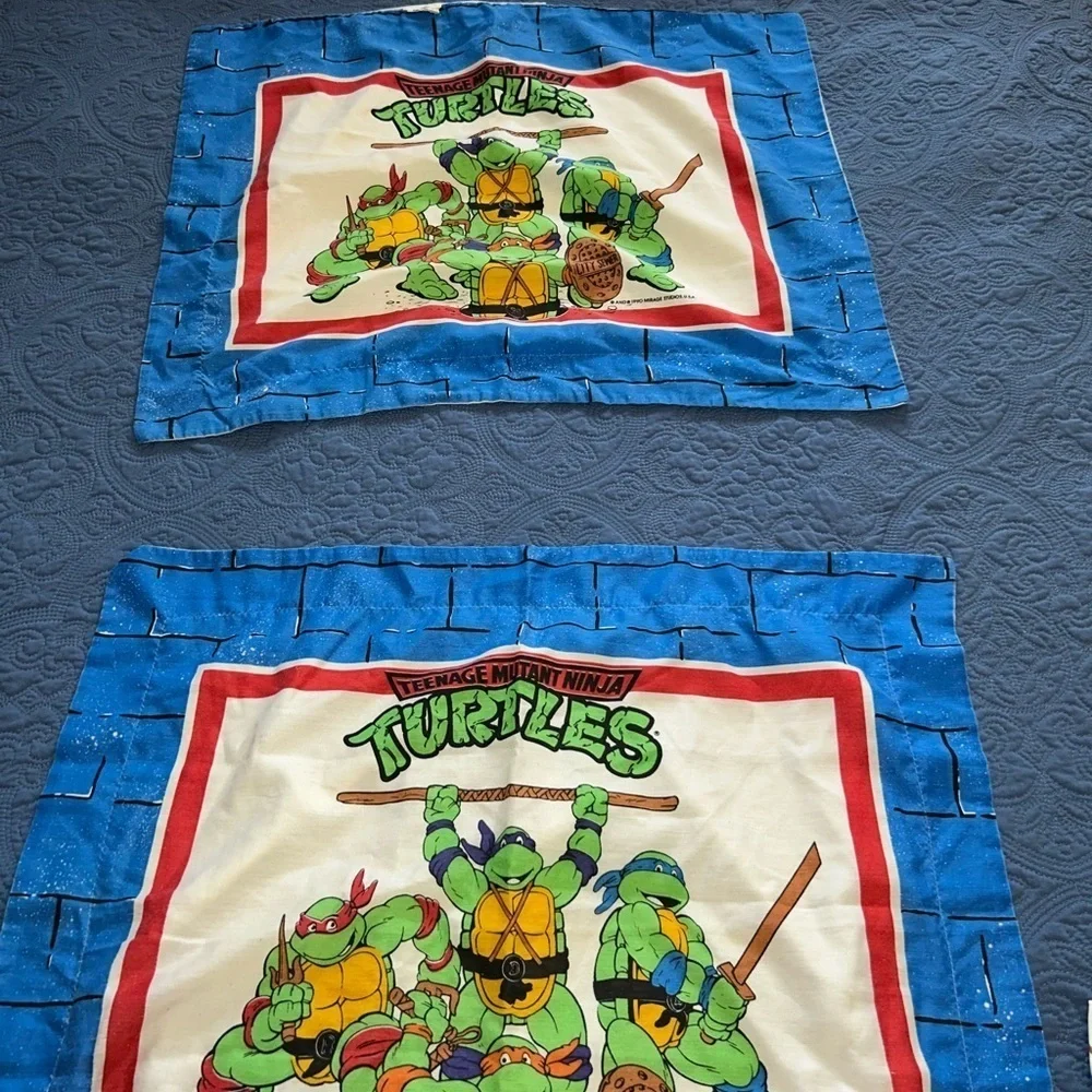 Vintage 1990 Twin Sheet Set Flat Fitted Pillowcase Teenage Mutant Ninja Turtles